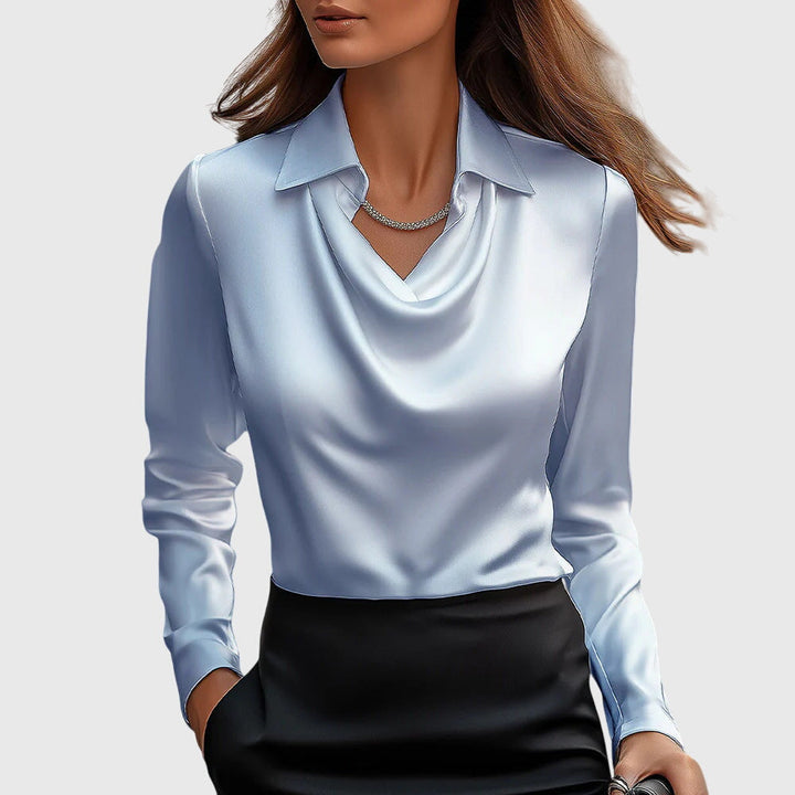 Natasha - Women's Cowl-Neck Draped Blouse with Long Sleeves