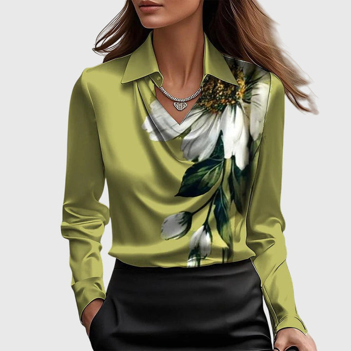 Natasha - Women's Cowl-Neck Draped Blouse with Long Sleeves