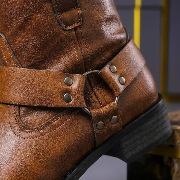 Nathaniel - Men's Genuine Leather Harness-Strap Ankle Boots