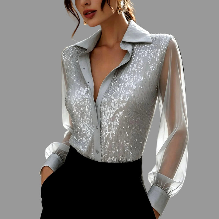 Nicka  - Women's Sequin Sheer Sleeve Blouse