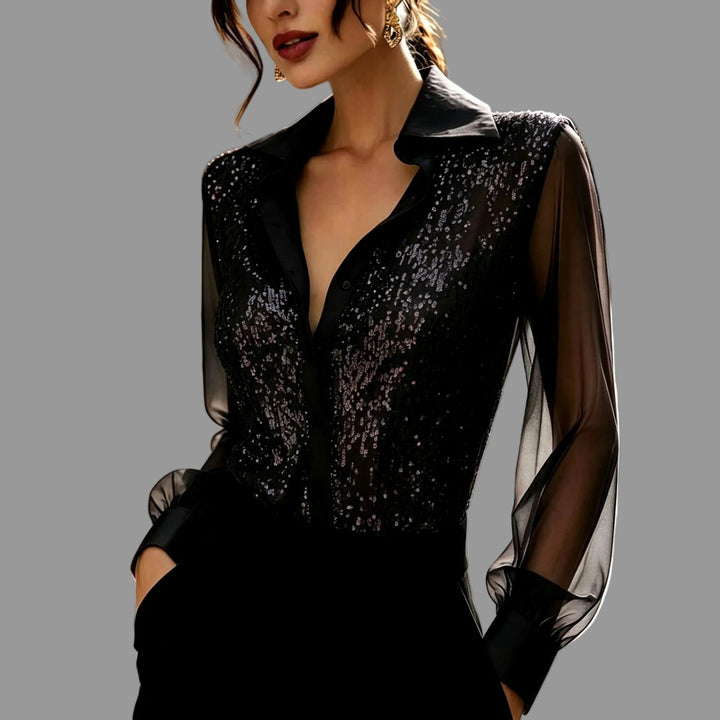 Nicka  - Women's Sequin Sheer Sleeve Blouse