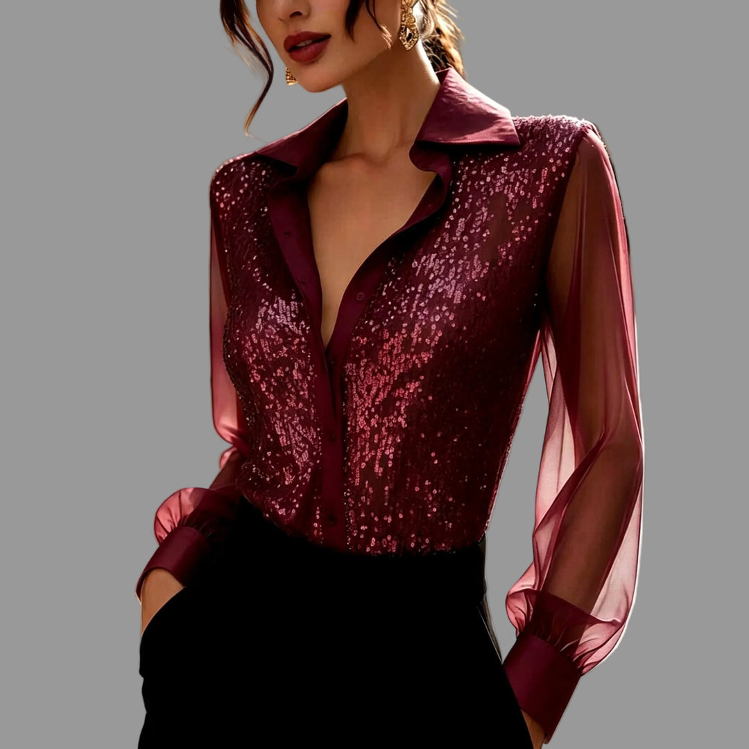 Nicka  - Women's Sequin Sheer Sleeve Blouse