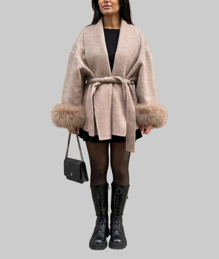 Nora - Women's Belted Coat with Faux-Fur Cuffs