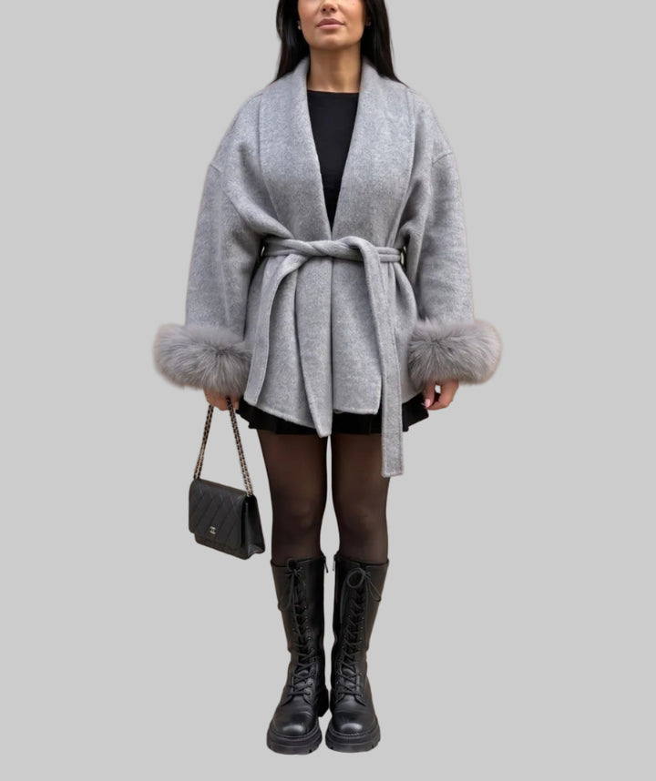 Nora - Women's Belted Coat with Faux-Fur Cuffs