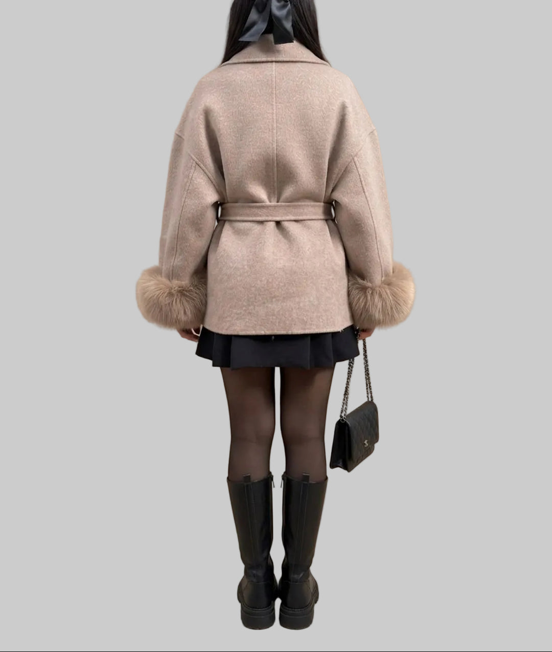 Nora - Women's Belted Coat with Faux-Fur Cuffs