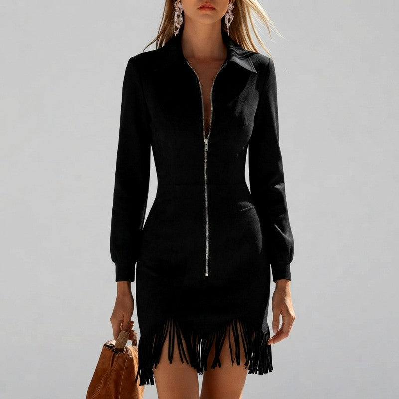 Odessa - Women's Long Sleeve Zip Front Fringe Dress 7