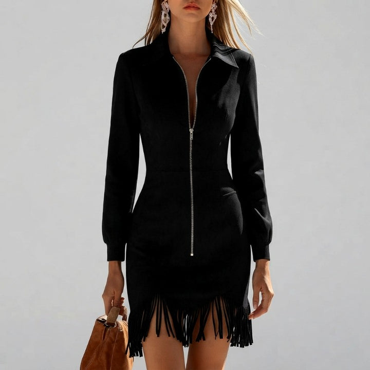 Odessa - Women's Long Sleeve Zip Front Fringe Dress 7