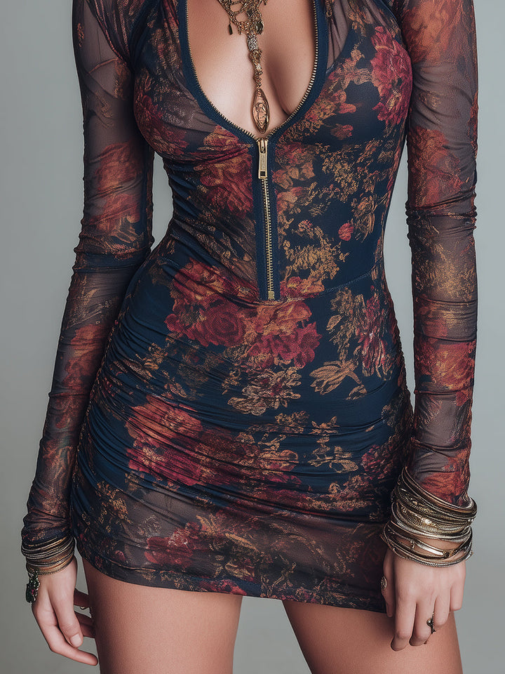 Ophelia - Women's Floral Mesh Front-Zip Dress