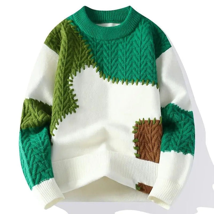 Oswald - Men's Color-Block Patchwork Crewneck Sweater with Textured Knit Panels