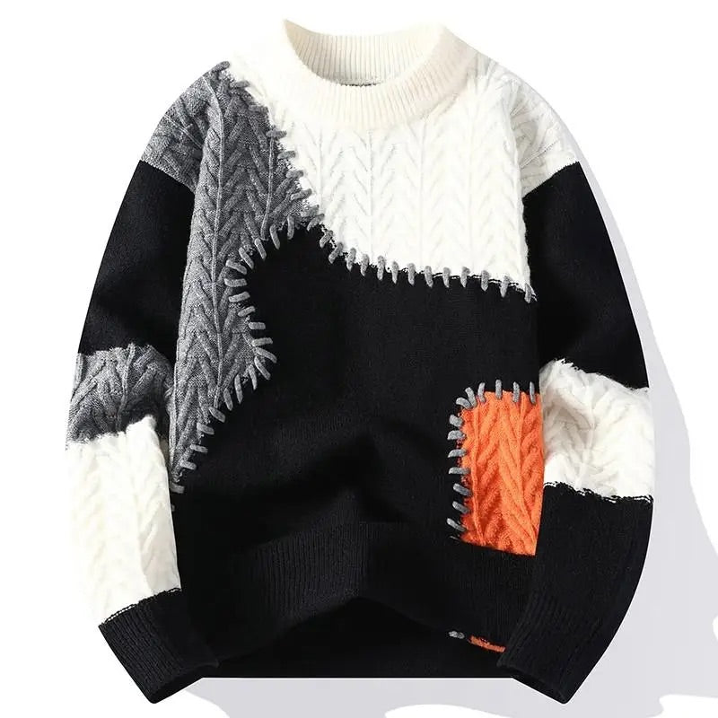 Oswald - Men's Color-Block Patchwork Crewneck Sweater with Textured Knit Panels