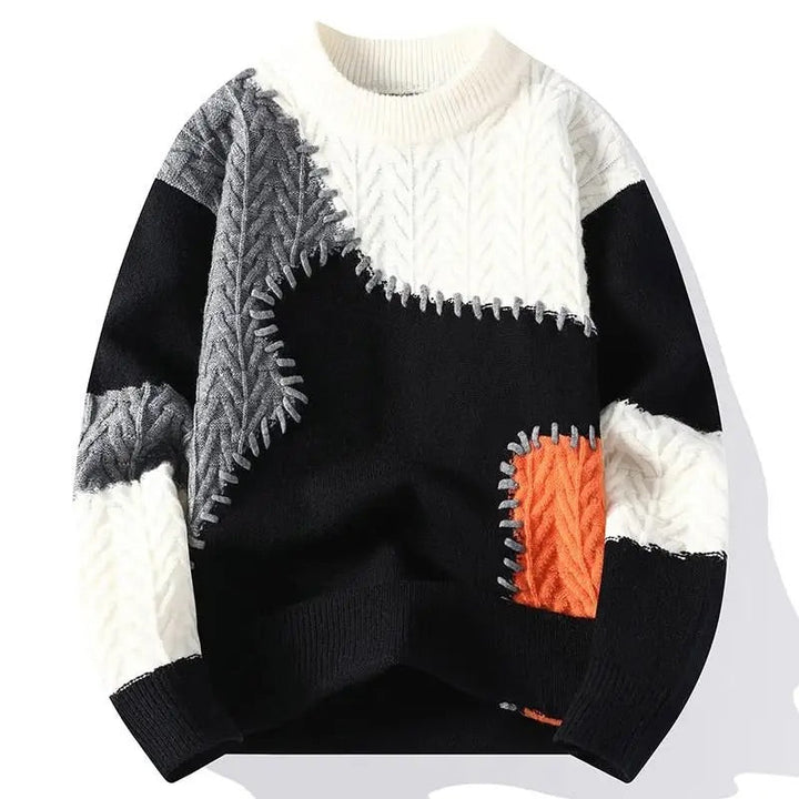 Oswald - Men's Color-Block Patchwork Crewneck Sweater with Textured Knit Panels