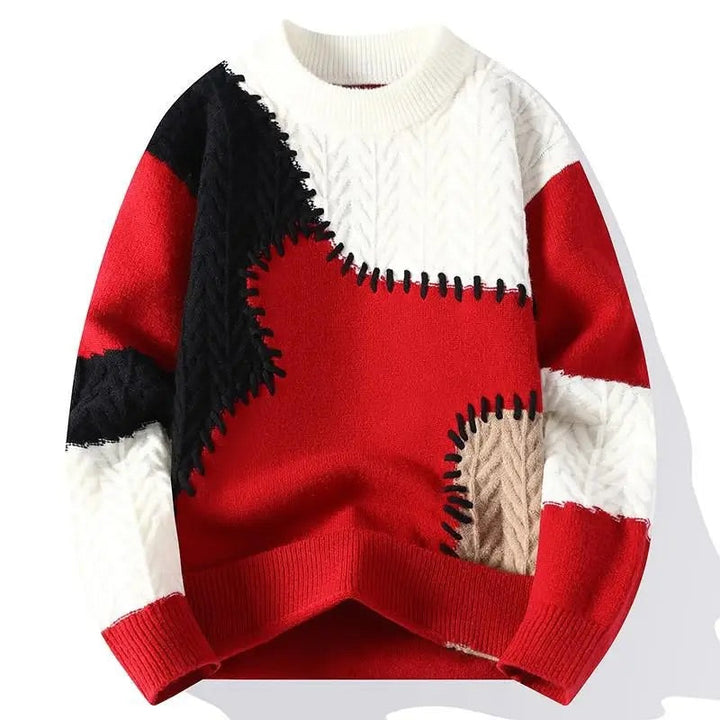 Oswald - Men's Color-Block Patchwork Crewneck Sweater with Textured Knit Panels
