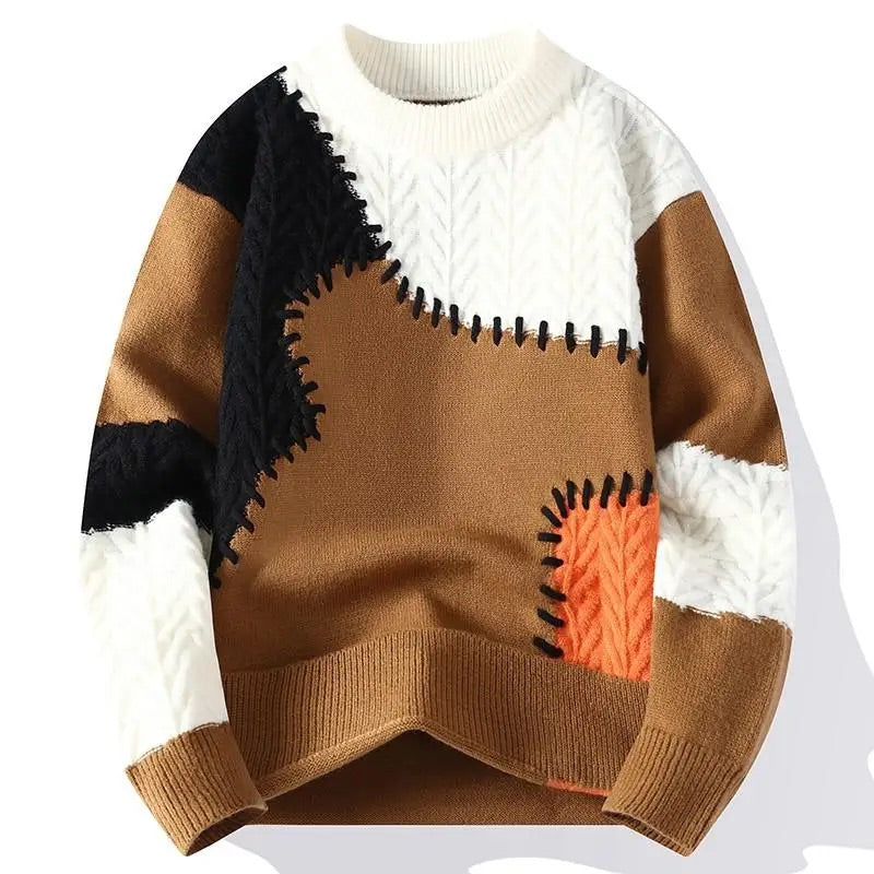 Oswald - Men's Color-Block Patchwork Crewneck Sweater with Textured Knit Panels