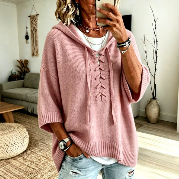 Pauline - Women's Lace-Up Hooded Oversized Knit Sweater 1