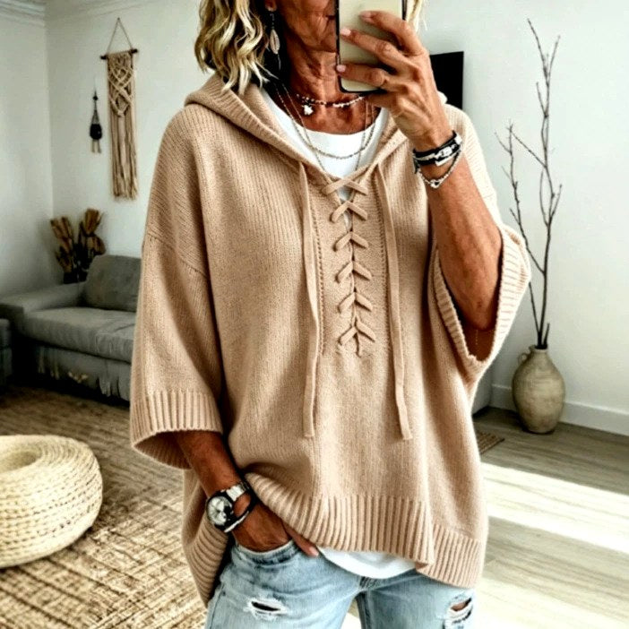 Pauline - Women's Lace-Up Hooded Oversized Knit Sweater 2
