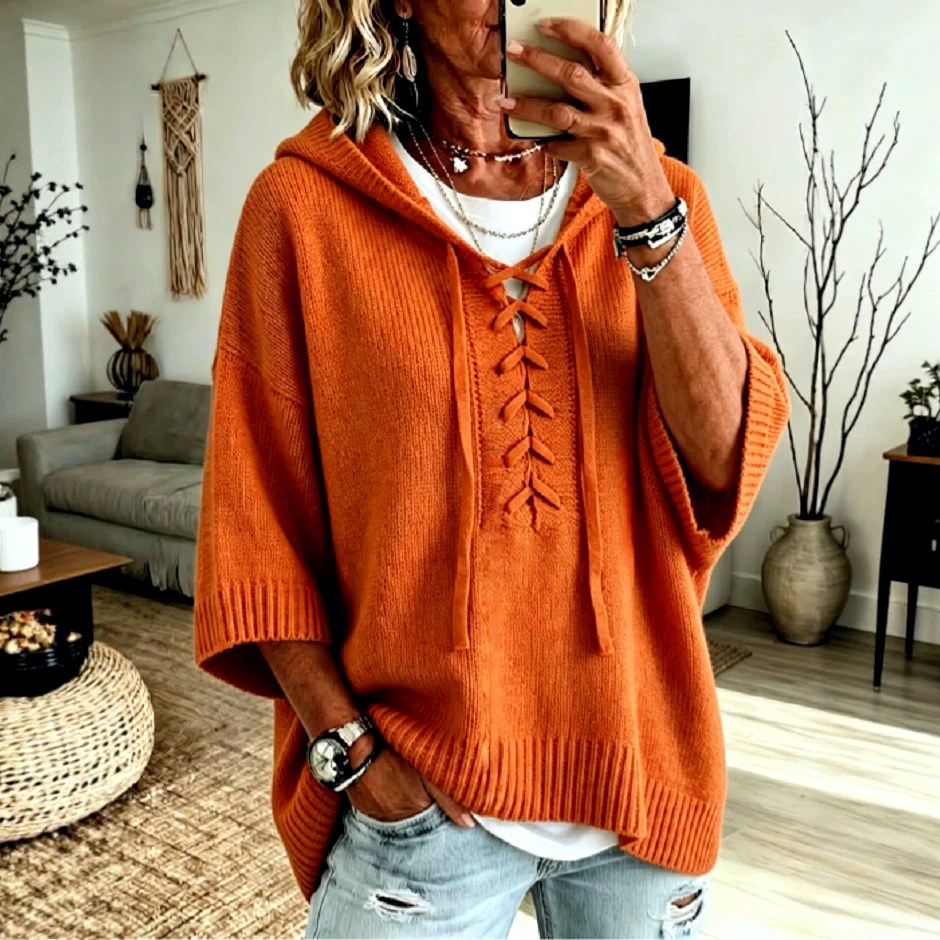 Pauline - Women's Lace-Up Hooded Oversized Knit Sweater 3