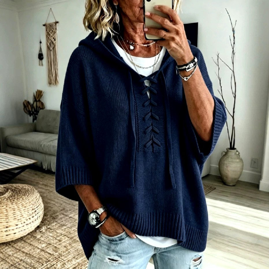 Pauline - Women's Lace-Up Hooded Oversized Knit Sweater 4