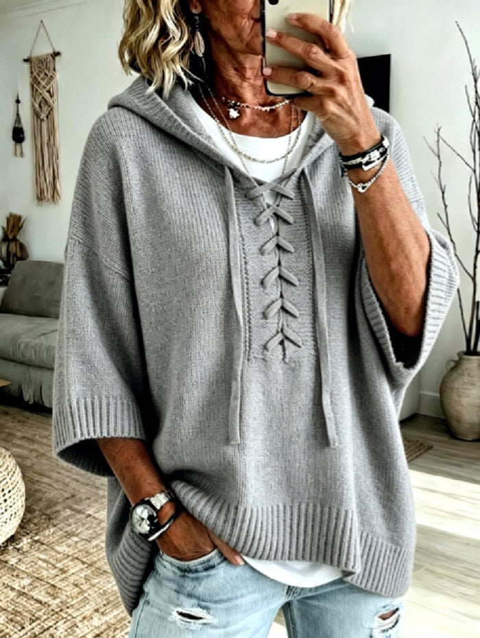 Pauline - Women's Lace-Up Hooded Oversized Knit Sweater 5