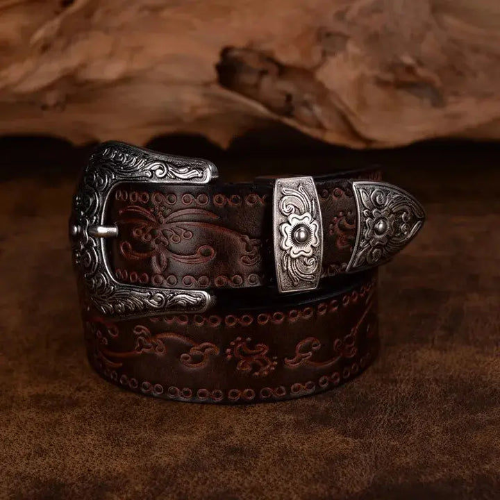 Percival - Men's Tooled Leather Belt with Engraved Silver-Tone Buckle