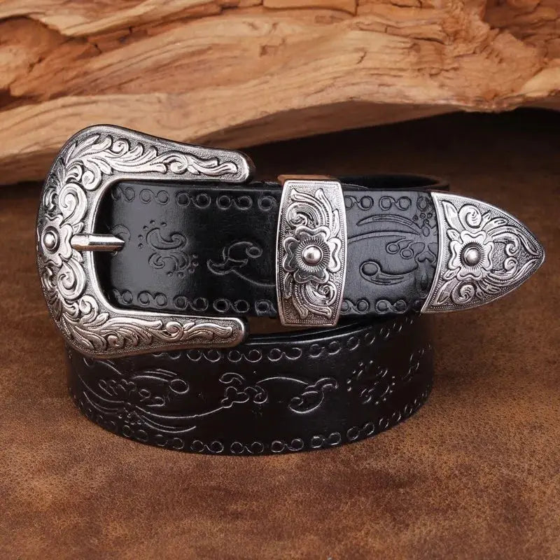 Percival - Men's Tooled Leather Belt with Engraved Silver-Tone Buckle