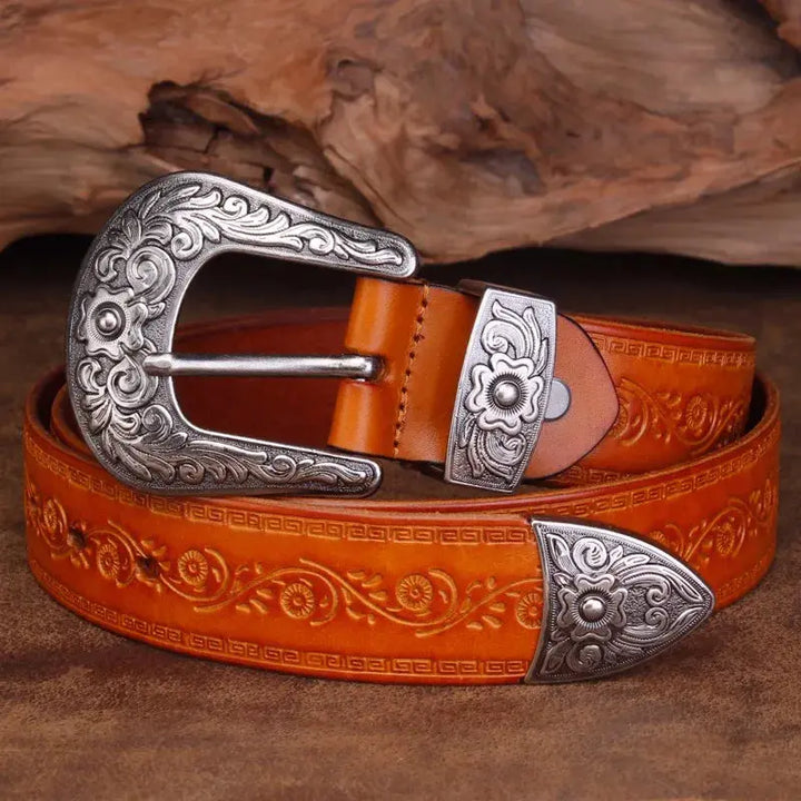Percival - Men's Tooled Leather Belt with Engraved Silver-Tone Buckle