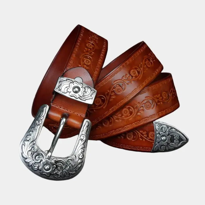 Percival - Men's Tooled Leather Belt with Engraved Silver-Tone Buckle