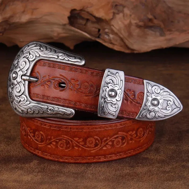 Percival - Men's Tooled Leather Belt with Engraved Silver-Tone Buckle