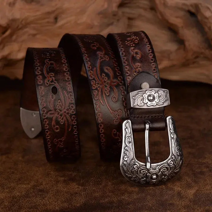 Percival - Men's Tooled Leather Belt with Engraved Silver-Tone Buckle
