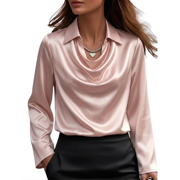 Petra - Women's Draped Satin Blouse with Long Sleeves