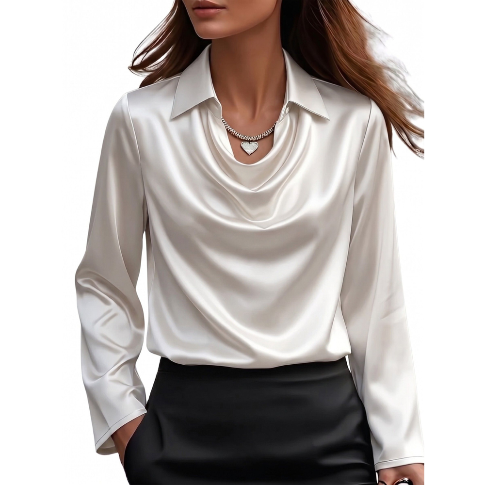 Petra - Women's Draped Satin Blouse with Long Sleeves