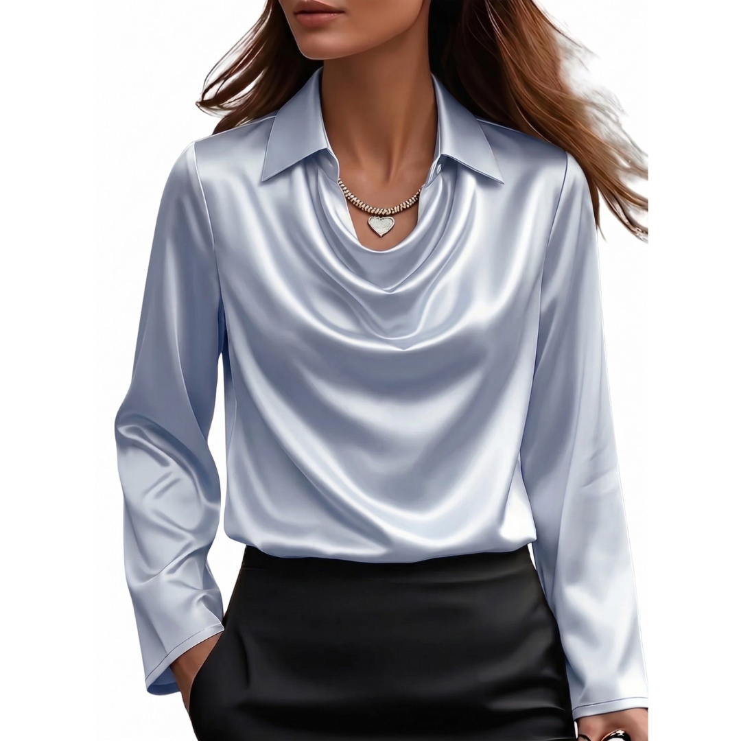 Petra - Women's Draped Satin Blouse with Long Sleeves