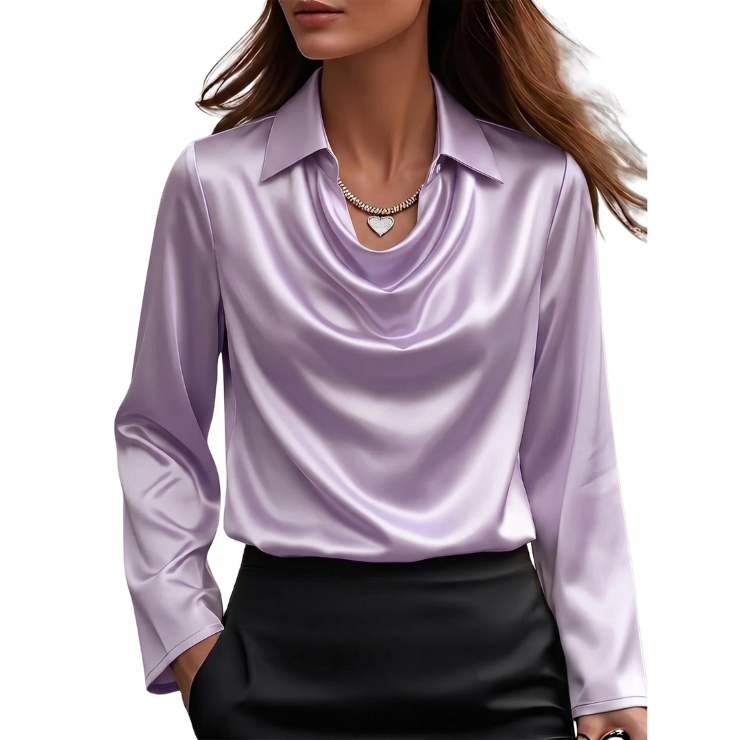 Petra - Women's Draped Satin Blouse with Long Sleeves
