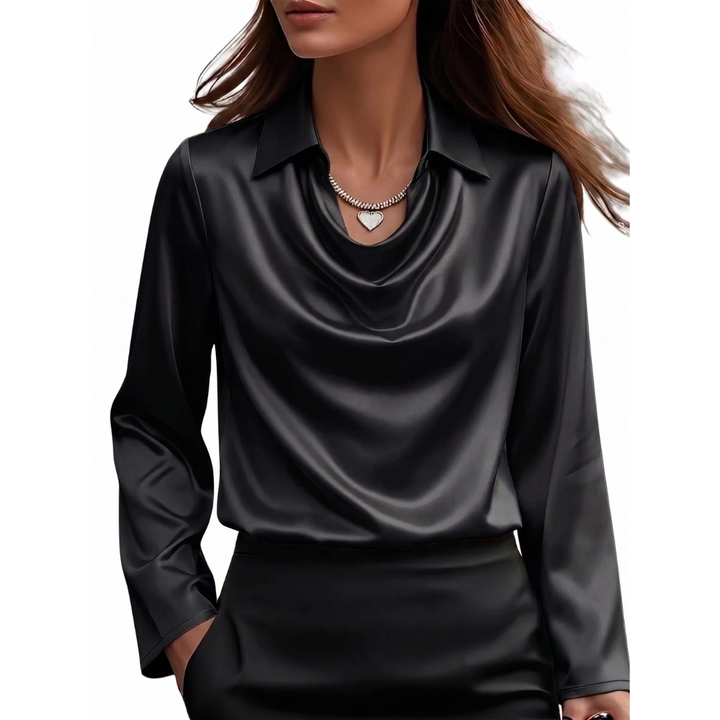 Petra - Women's Draped Satin Blouse with Long Sleeves