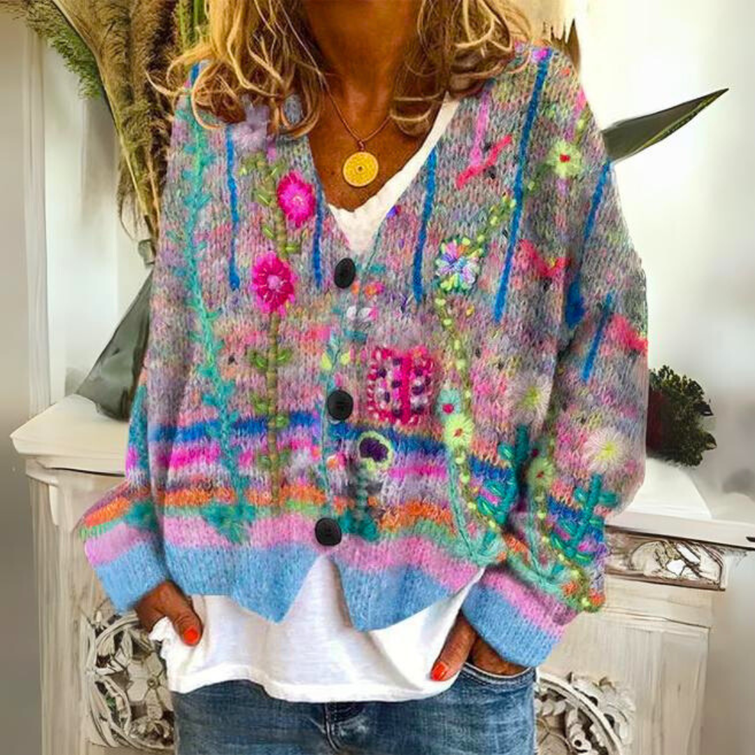 Priya - Women's Floral Button-Front Cardigan with Oversized Silhouette
