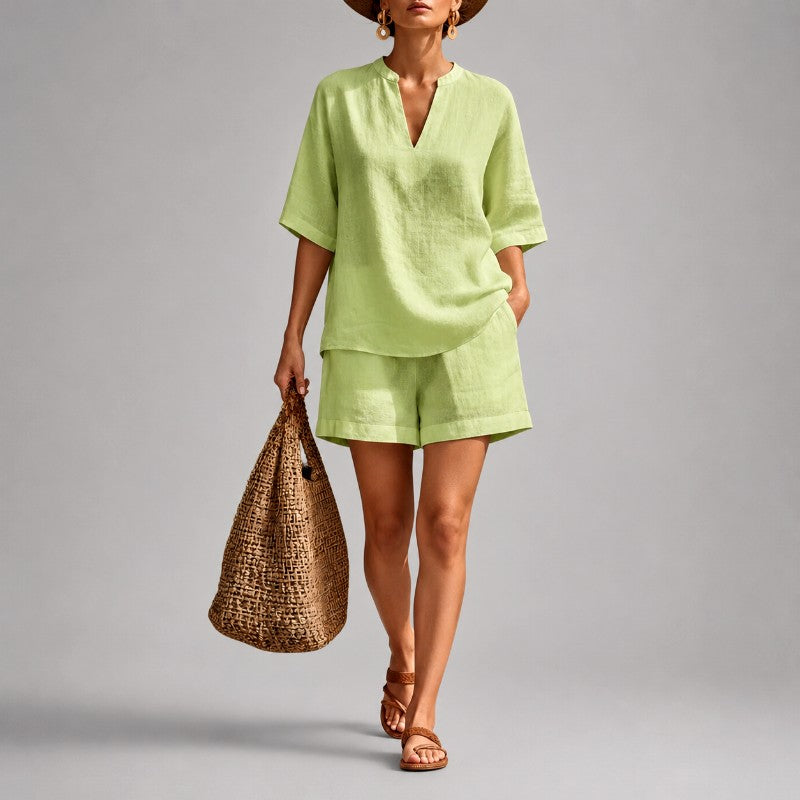 Quinn - Women's Linen V-Neck Short Sleeve Matching Set
