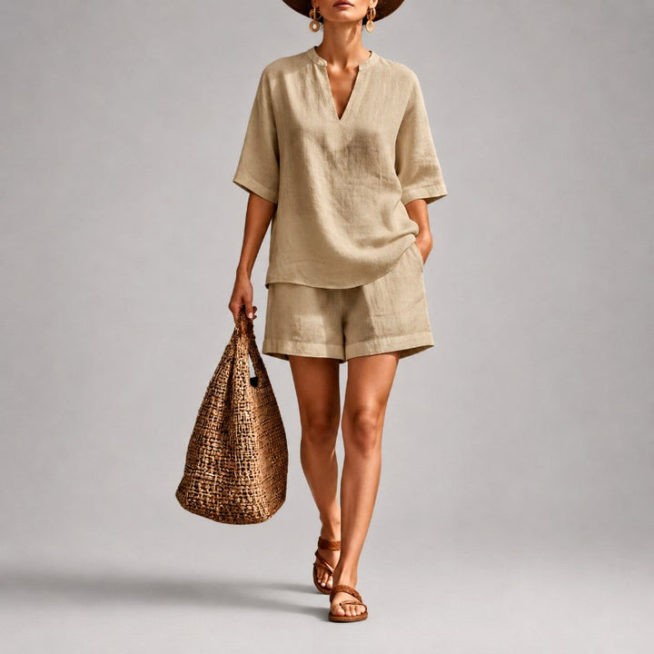 Quinn - Women's Linen V-Neck Short Sleeve Matching Set