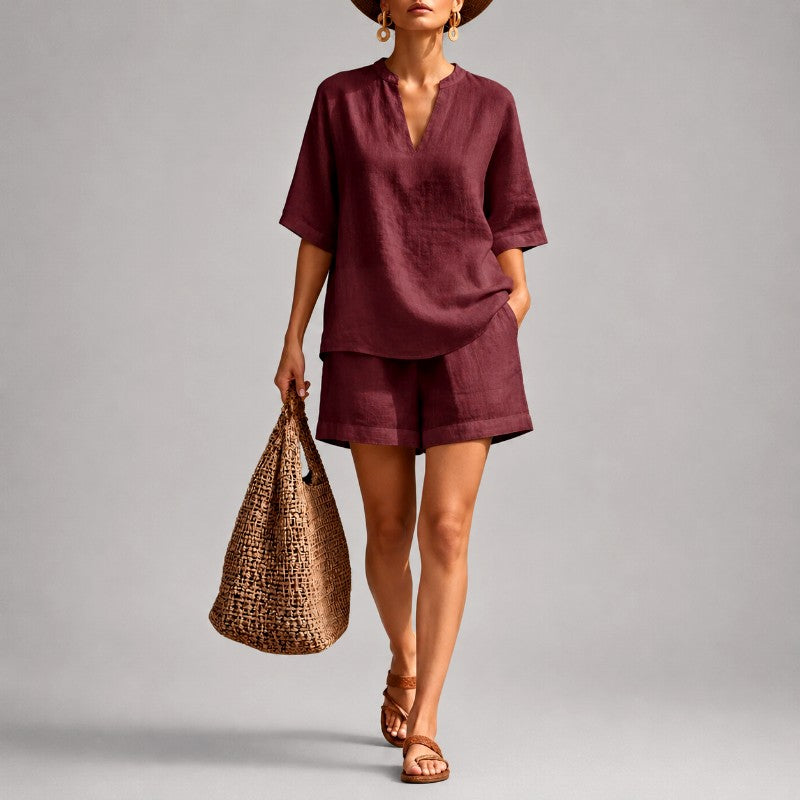 Quinn - Women's Linen V-Neck Short Sleeve Matching Set