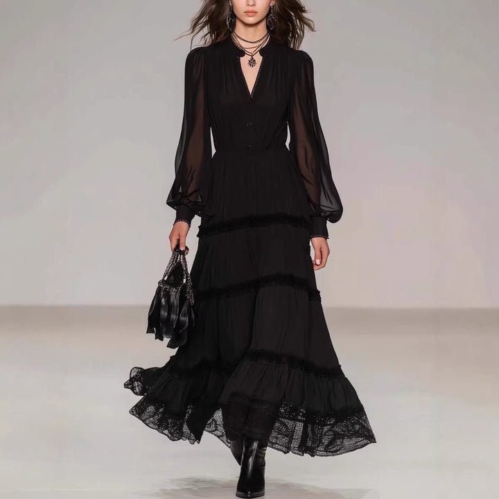Ramona - Women's Sheer Balloon Sleeve Tiered Maxi Dress 1