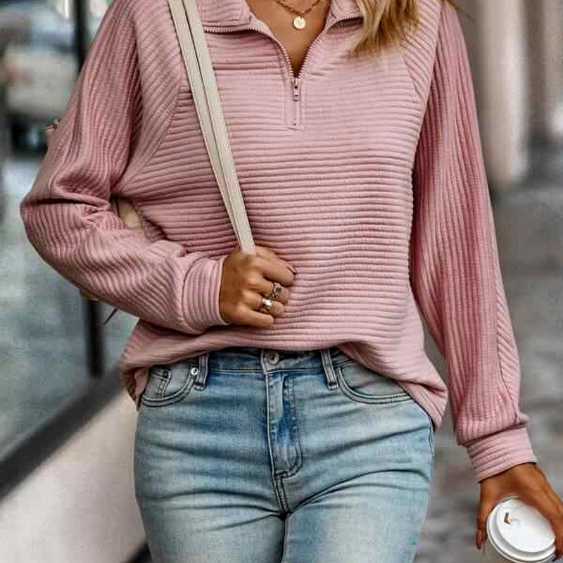 Renata - Women's Ribbed Quarter-Zip Loose Sweater 7