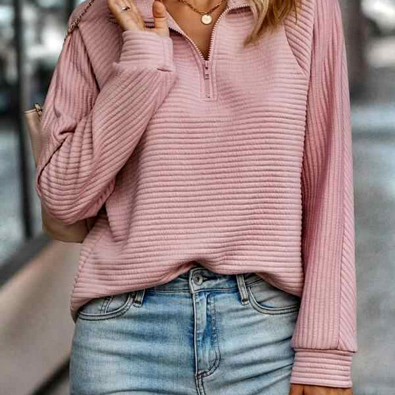 Renata - Women's Ribbed Quarter-Zip Loose Sweater 8