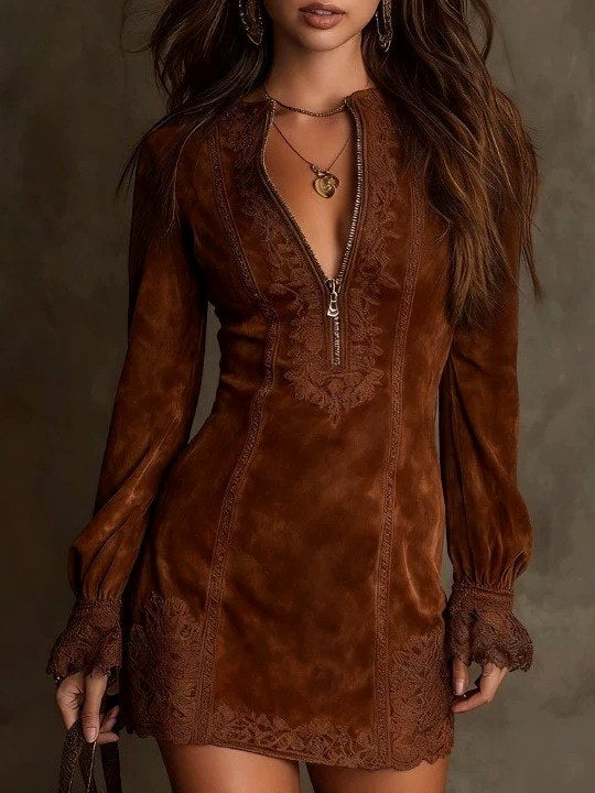 Rhea - Women's Embroidered Zip Front Tunic Dress 3