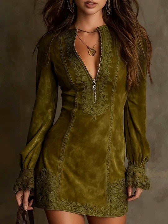 Rhea - Women's Embroidered Zip Front Tunic Dress 4