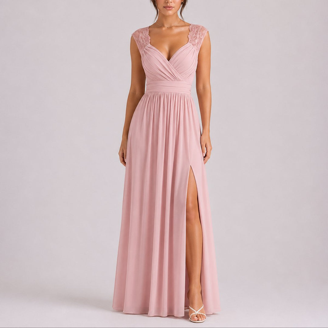Romina - Women's Lace-Shoulder Wrap Dress with Side Slit