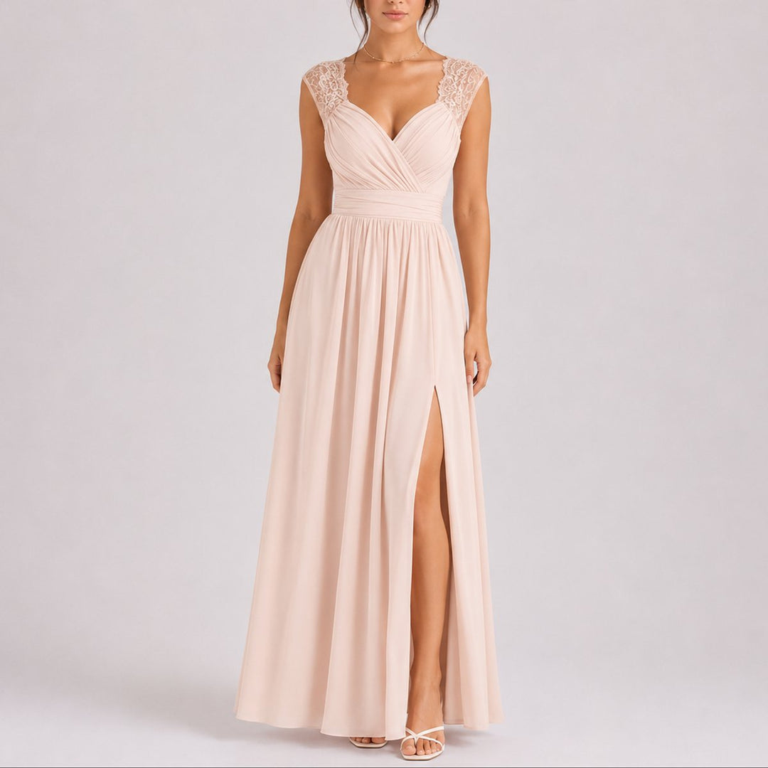 Romina - Women's Lace-Shoulder Wrap Dress with Side Slit