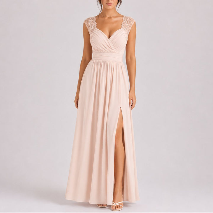 Romina - Women's Lace-Shoulder Wrap Dress with Side Slit