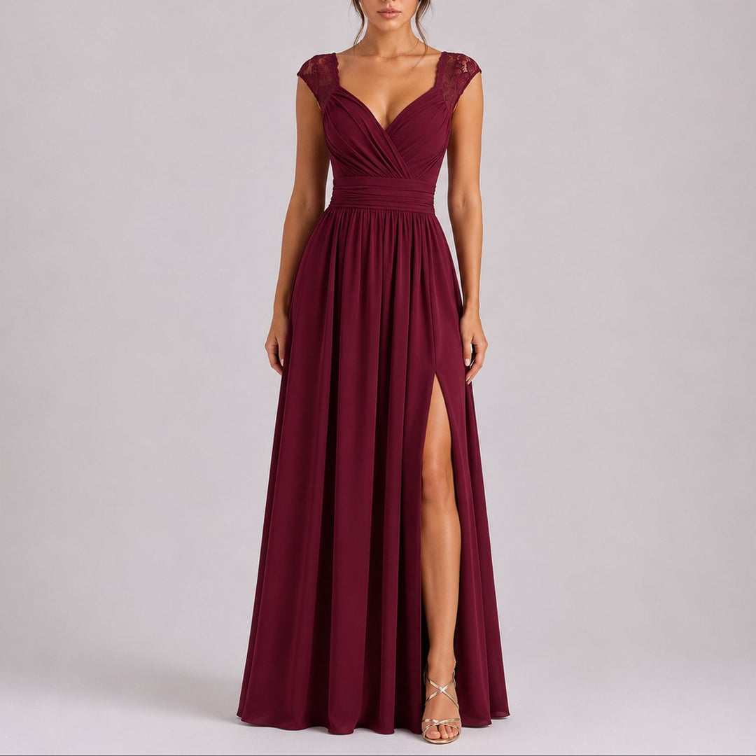 Romina - Women's Lace-Shoulder Wrap Dress with Side Slit