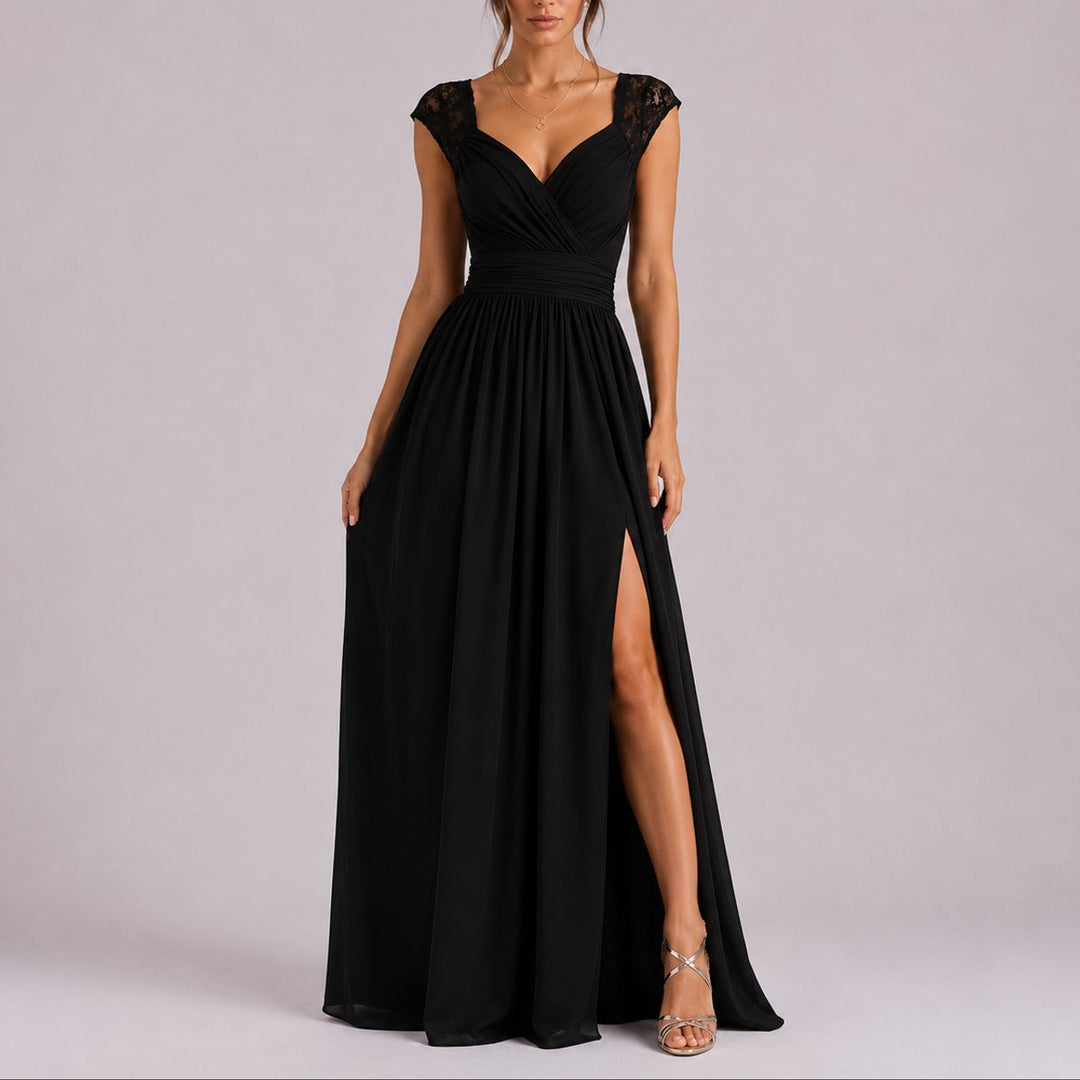 Romina - Women's Lace-Shoulder Wrap Dress with Side Slit