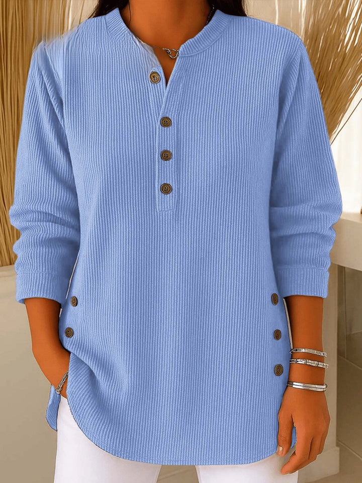 Romina - Women's Ribbed Henley Tunic with Curved Hem