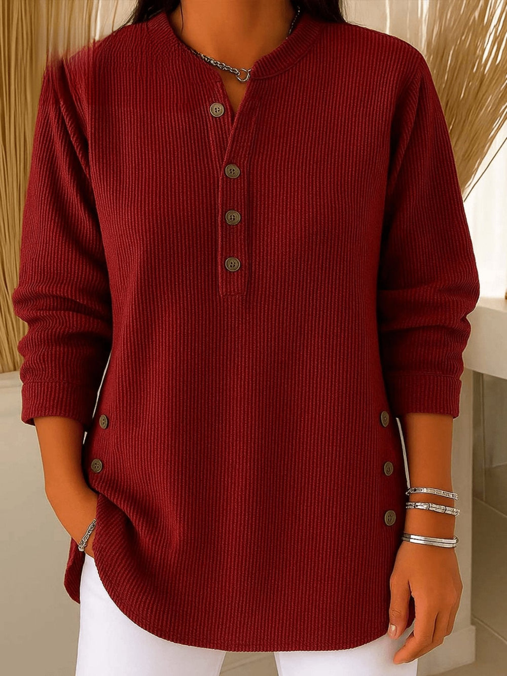 Romina - Women's Ribbed Henley Tunic with Curved Hem