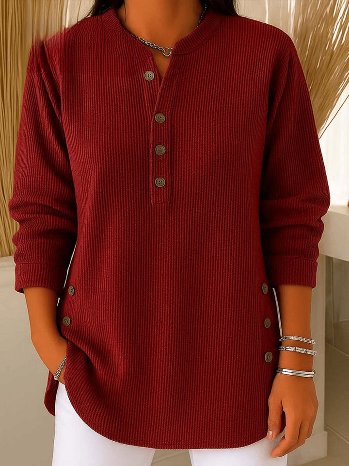 Romina - Women's Ribbed Henley Tunic with Curved Hem